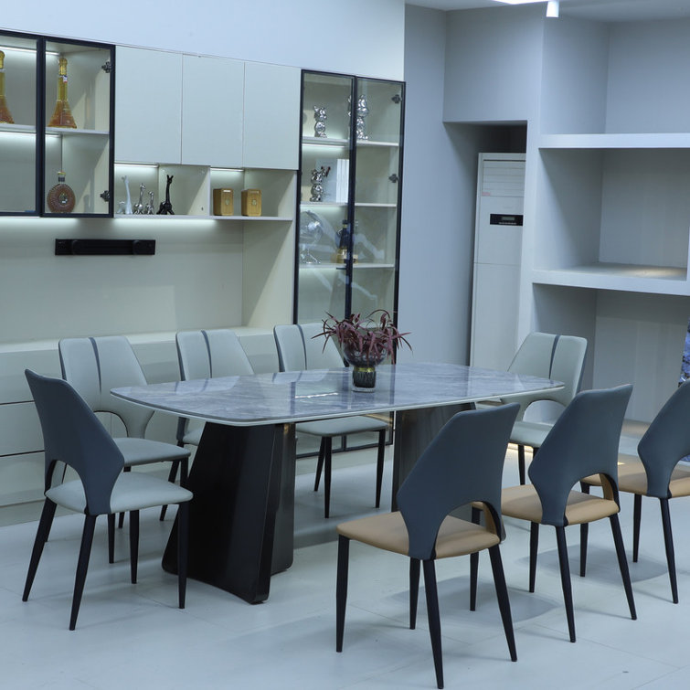 Luxury Rectangle Dining Table - Snow Mountain Durable Stone Surface with Gunmetal Base