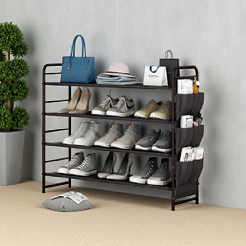 Shoe Rack Storage Organizer 4 Tier Free Standing Metal Shoe Shelf Compact Shoe Organizer with Side Bag for Entryway Closet Bedroom