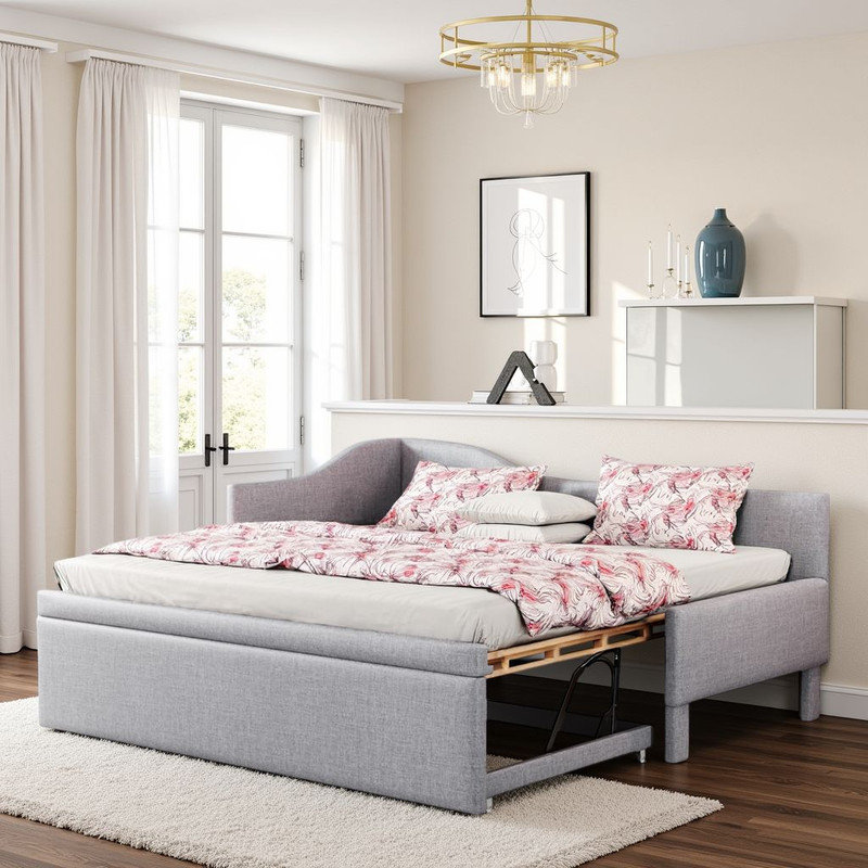 Convertible Daybed with Trundle - Twin to King Size, Linen Upholstery, No Box Spring?, Gray