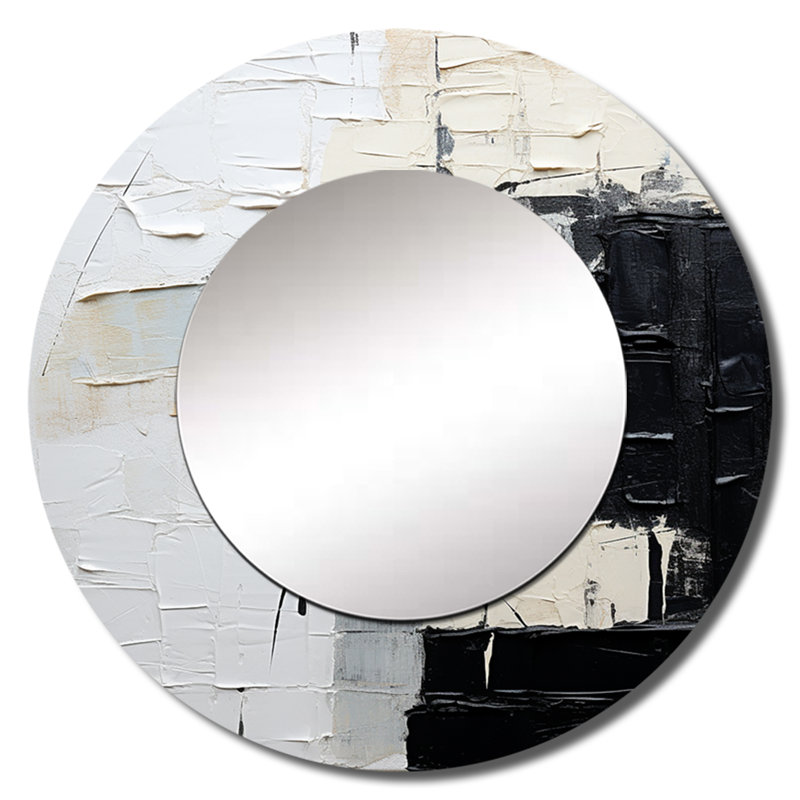Art moderne scandinave noir et beige - peinture abstraite, miroir mural rond noir unique, impression d'art en métal