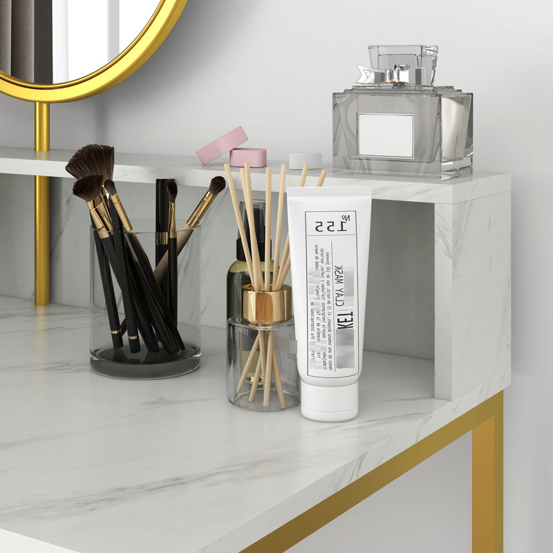 Coiffeuse moderne avec miroir et rangement ouvert, bureau de maquillage en or blanc, plateau en faux marbre, miroir de chambre à coucher robuste, finition de bureau, décoration robuste