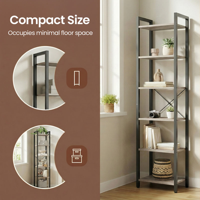 Keemon Etagere Bookcase, (6 Tier) 73.6" H x 15.7" W, Greige/Black