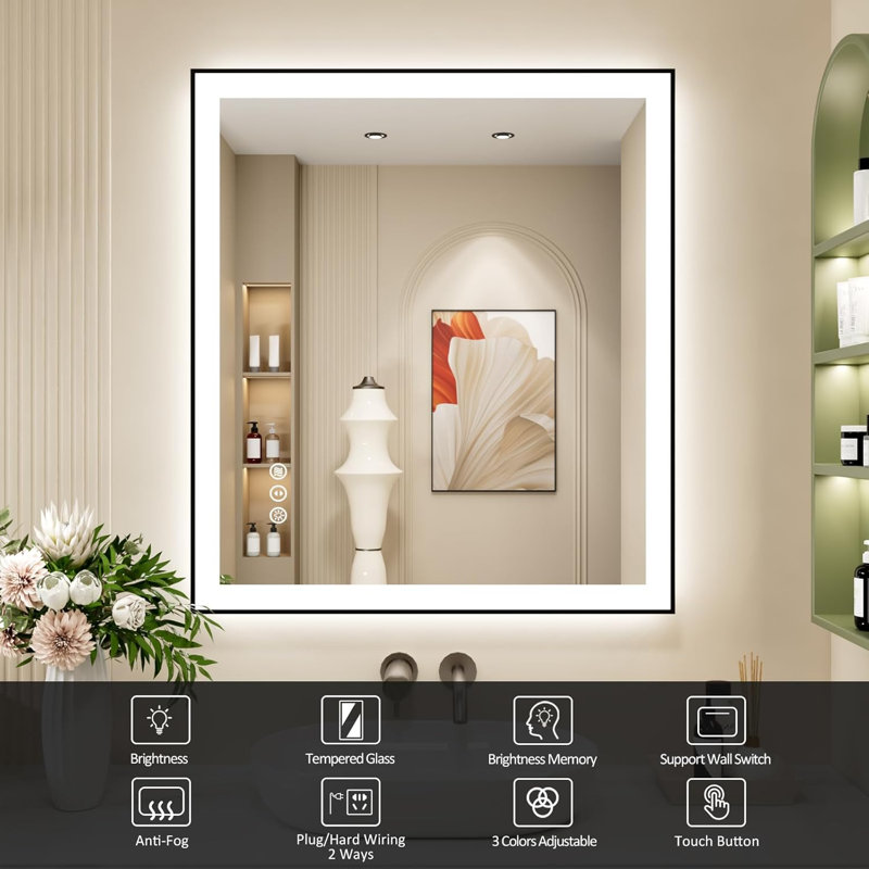 LED Bathroom Mirror With Black Frame, Backlit And Front Lighted Bathroom Mirrors For Wall, 36" x 32"