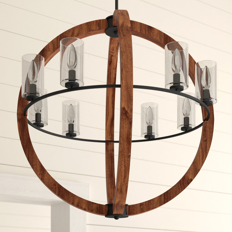 Lustre en forme de roue de chariot à 8 lumières avec accents en bois Grand Bank