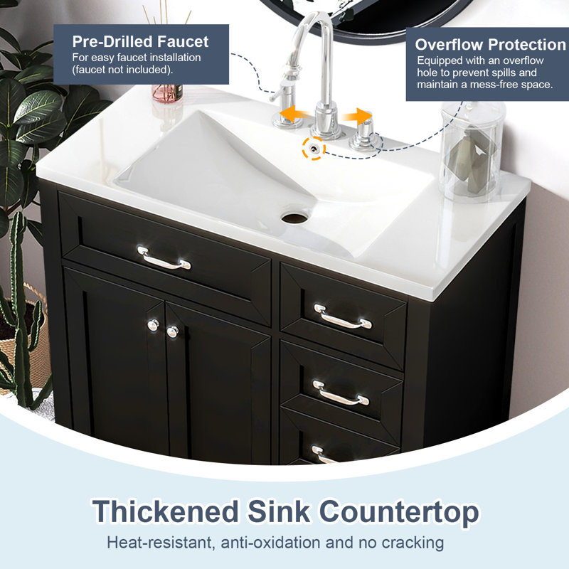 Meuble-lavabo moderne 36 po avec lavabo en céramique, Noir, Argent argent