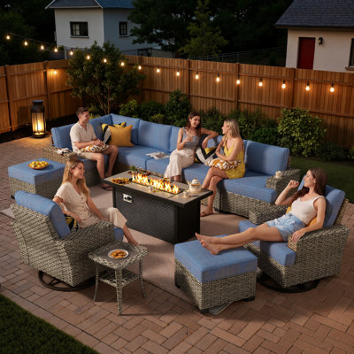 Tommy Wicker 10-Person Modular Outdoor Sectional Seating Group With Swivel Chairs And Cushions, Patio Conversation Set With Fire Pit Table