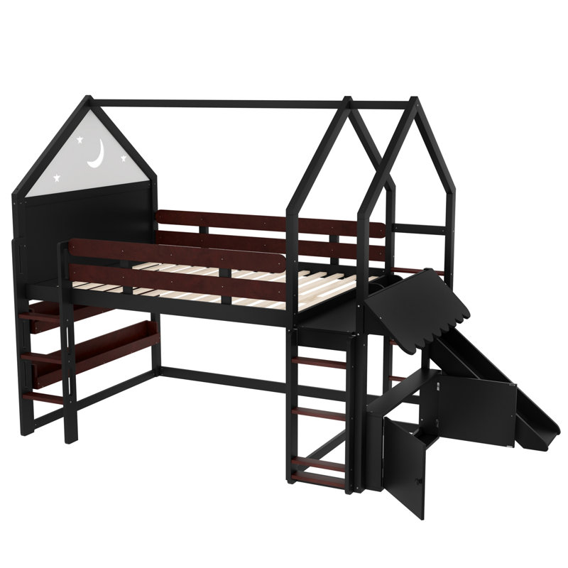 Kids Full Solid Wood Loft Bed with Bookshelves and Slide, Full, Black