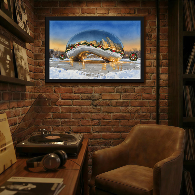 Christmas Chicago Cloud Gate Winter Holiday Scene, 24" H x 36" W