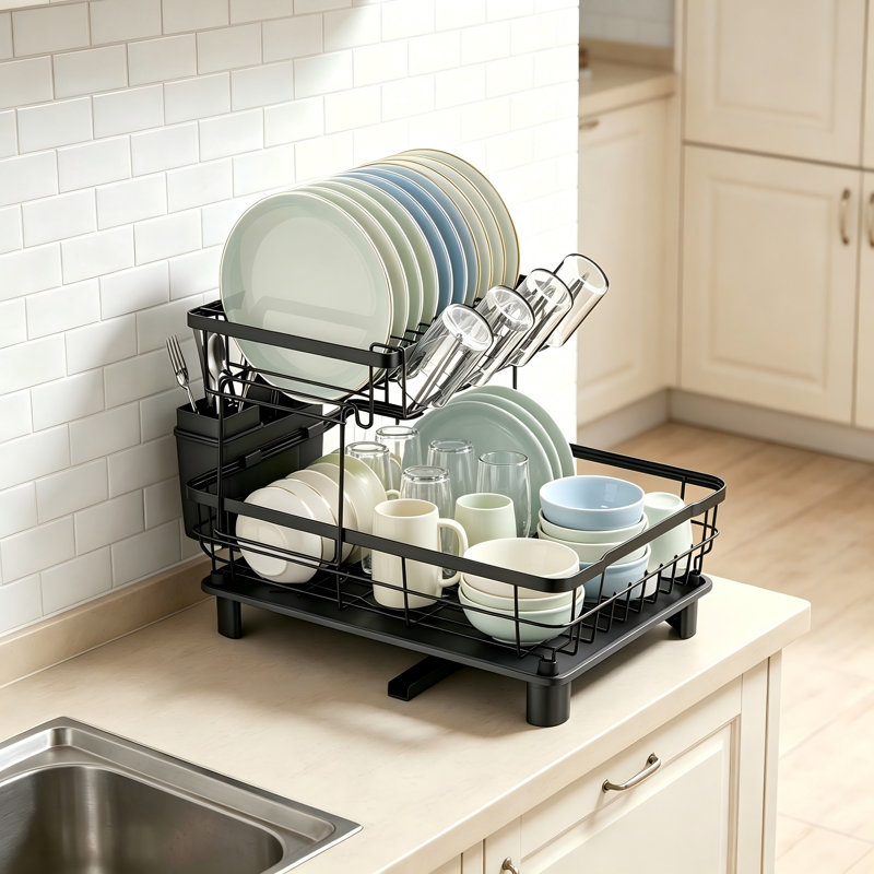 2-Tier Space Saving Dish Drying Rack with Cutlery Holder, Black