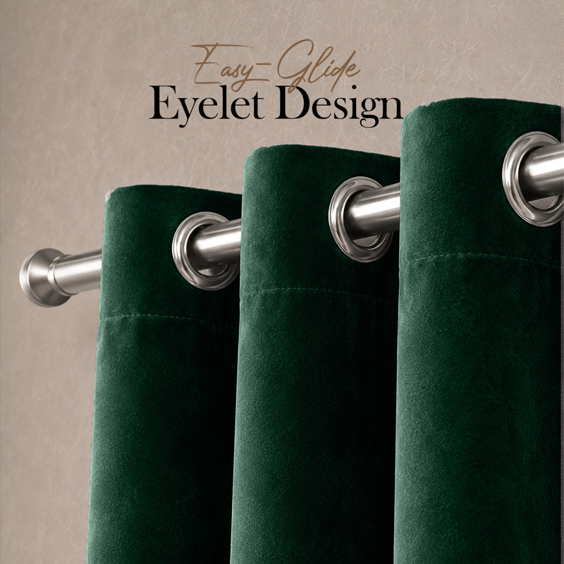 Thermal Velvet Curtains with Eyelet Ring Top - Blackout Crushed Velvet Drapes Pair, 168cm Width x 228cm Drop, Green Emerald