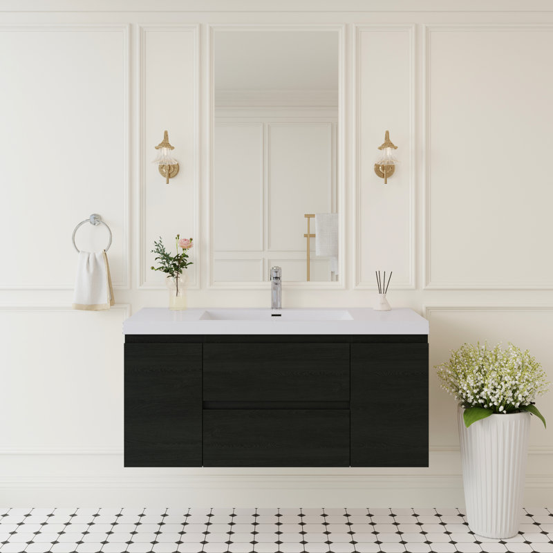 Meuble-lavabo mural flottant en bois 48 po avec lavabo, surface solide, tiroirs à fermeture en douceur, peu encombrant, faible consommation d'eau