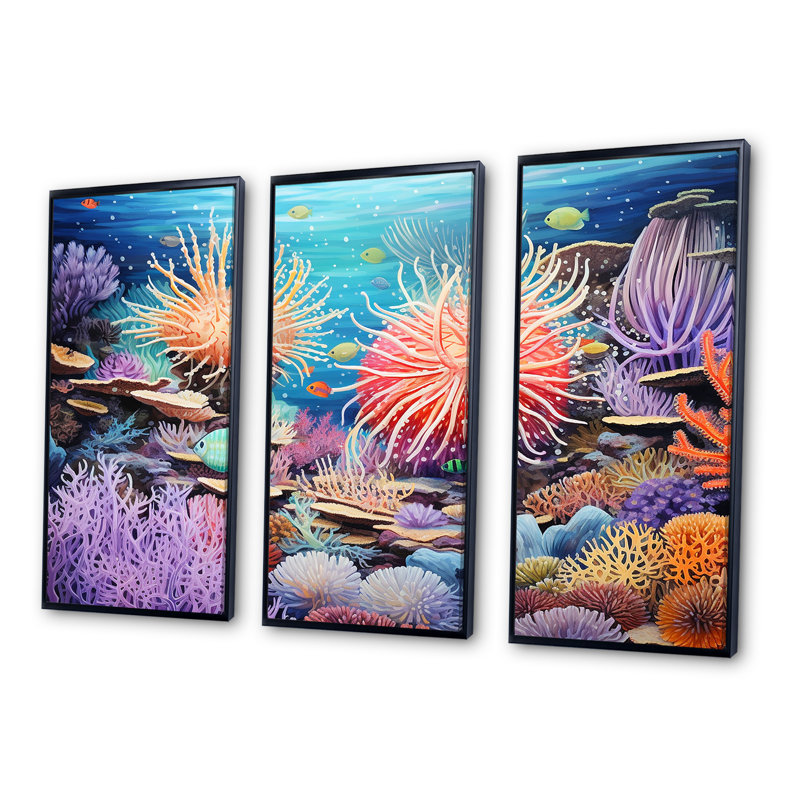 «Blue and Mauve Crown of Anemone - Coastal Coral Under Water», ensemble d'art mural, Cadre flottant noir