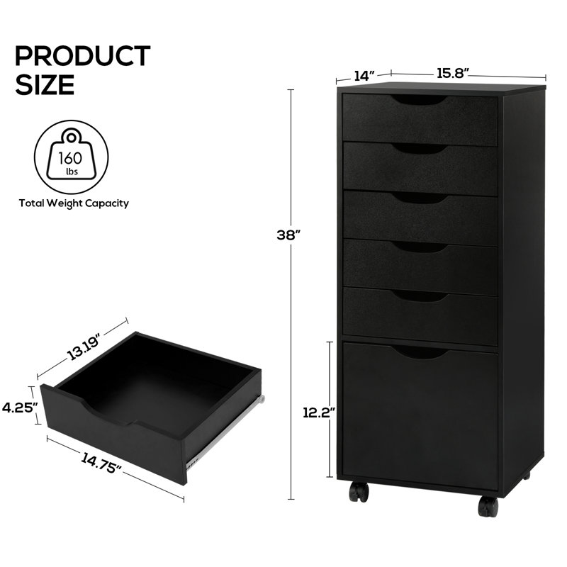  Armoire de rangement de bureau 38 po à 5 tiroirs et 1 porte Pasqualine, Noir