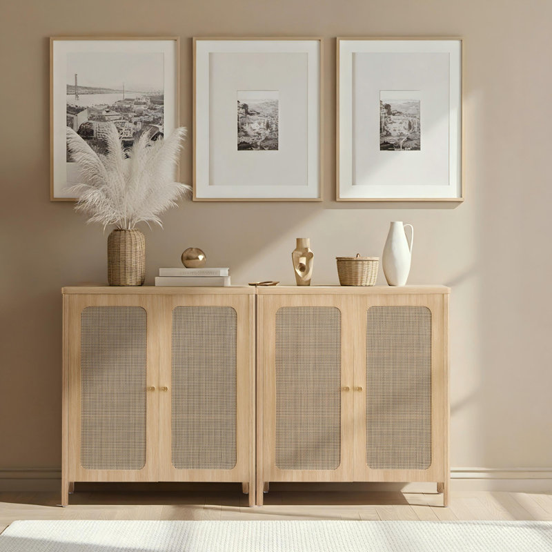 63" W Modern Sideboard Buffet Cabinet  With Rattan Doors And Adjustable Shelves(Set Of 2), Oak