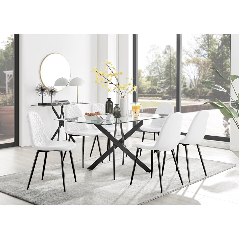 Lenworth Black Metal and Glass Rectangular Dining Table Set with 6 Luxury Faux Leather Chairs, White/Black