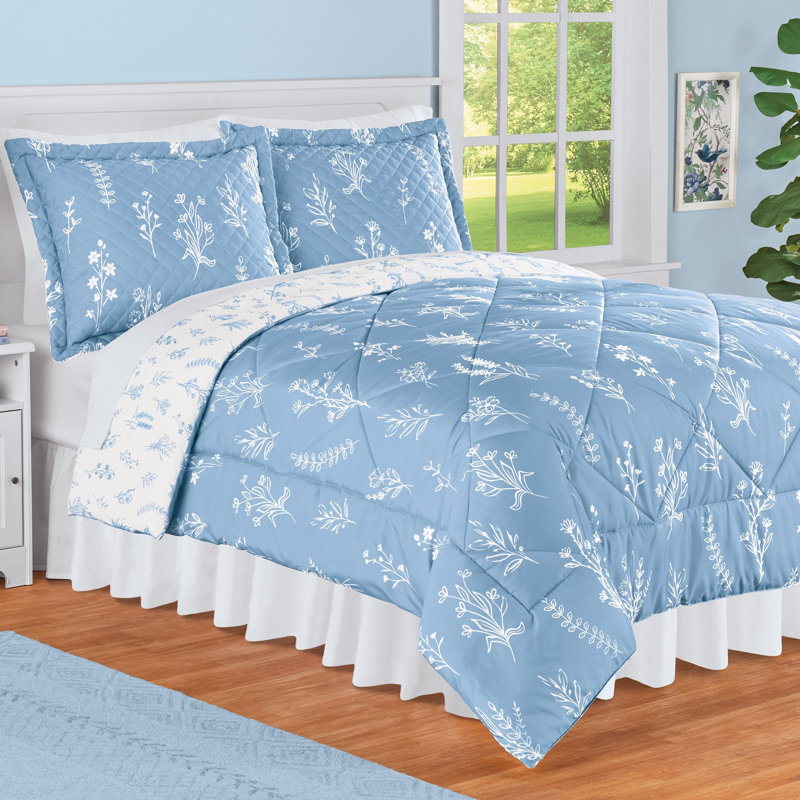 Reversible Floral and Leaf Pattern Comforter Set, Blue, King Comforter + 2 Shams