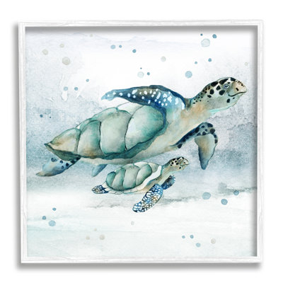 Tortue de mer et bébé encadrée sur bois par Janet Tava