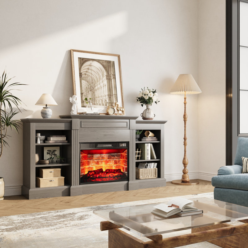 64.7" Modern Farmhouse Tv Stand With Electric Fireplace ,Open Shelving Design For Living Room Or Bedroom, Gray