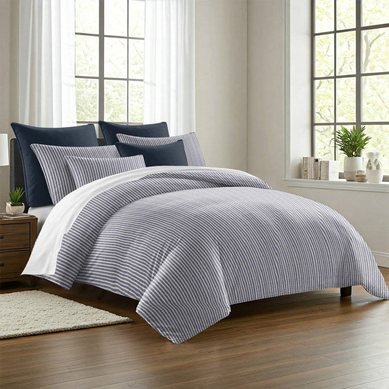 Walker Ticking Stripe Indigo/Ivory Cotton Duvet Cover Set, Full Duvet Cover + 2 Standard Shams