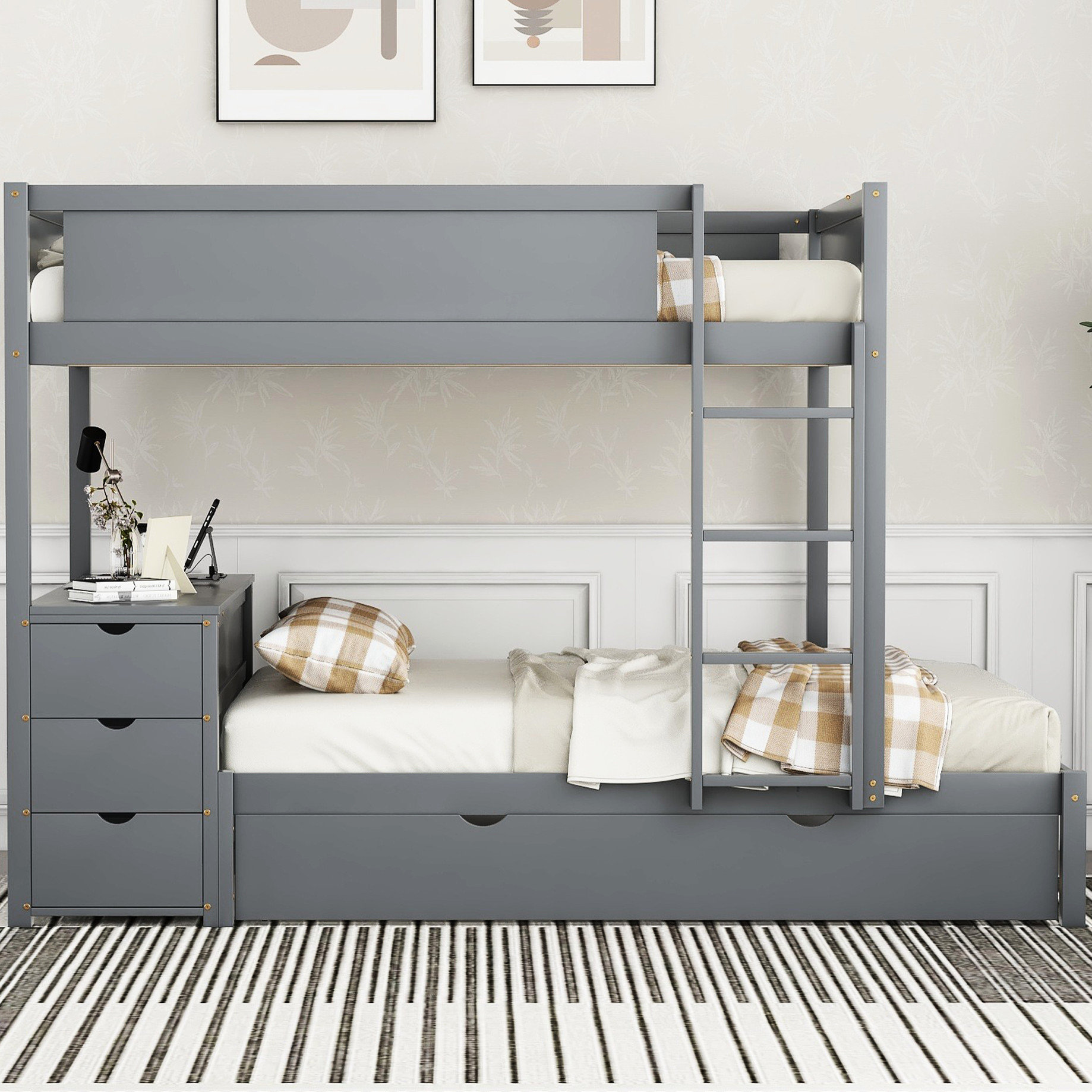 Latitude Run® Bunk Bed With Twin Trundle, Storage, Desk And , Gray ...