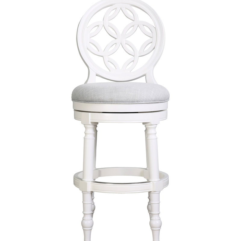 Tabouret de bar en bois blanc à haut dossier de 31 po avec siège pivotant et rond, retour à 180 degrés, pieds tournés, rembourré, repose-pieds pour restaurant en blanc, siège confortable automatique sur bois robuste,