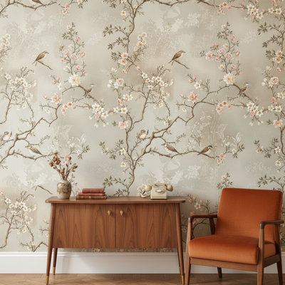 Papier peint floral oiseaux rétro