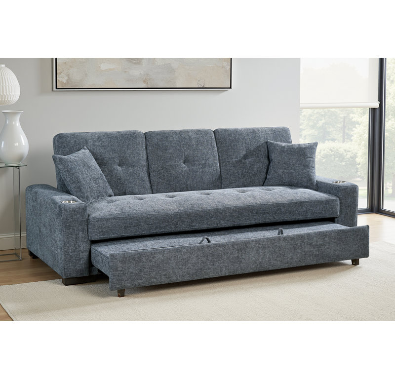 3 Seater Sofa Bed, Blue Chenille
