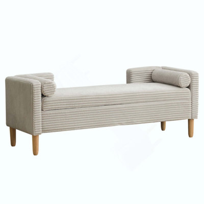 Upholstered Corduroy Flip-top Storage End of Bed Bench, Accent Window Footrest with Armrests&Backrest&2 Bolsters Rubberwood Legs for Living Room, Hallway, Entryway Bedroom