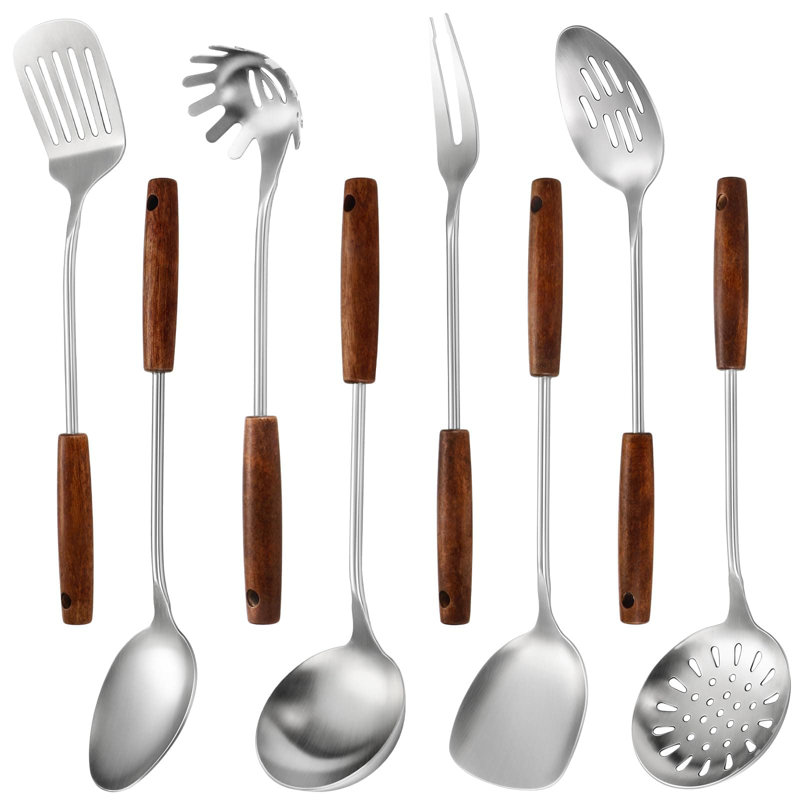 Ensemble d'ustensiles de cuisine 8 pièces en acier inoxydable avec poignée en bois - qualité professionnelle 304, résistant à la chaleur, allant au lave-vaisselle pour un usage quotidien