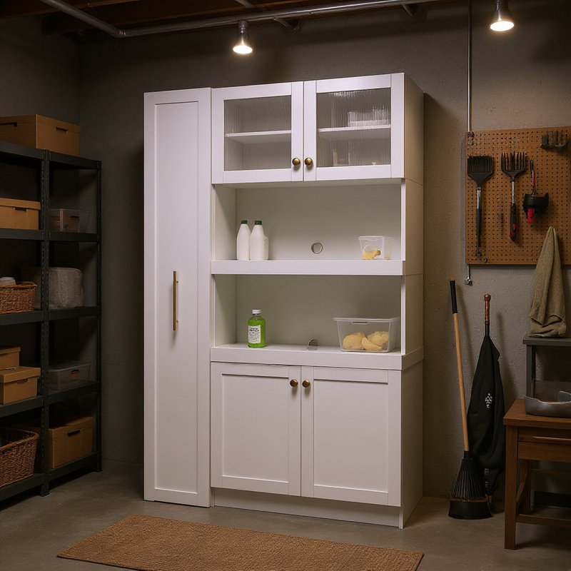 Armoire décorative Farmhouse avec rangement coulissant extensible, portes en verre et rangement à plusieurs niveaux, Doré