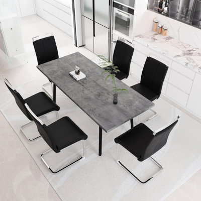 Table et chaises de salle à manger 7 pièces, carré extensible 55,12 po 70,87 po avec pieds en métal et 6 chaises en similicuir noir