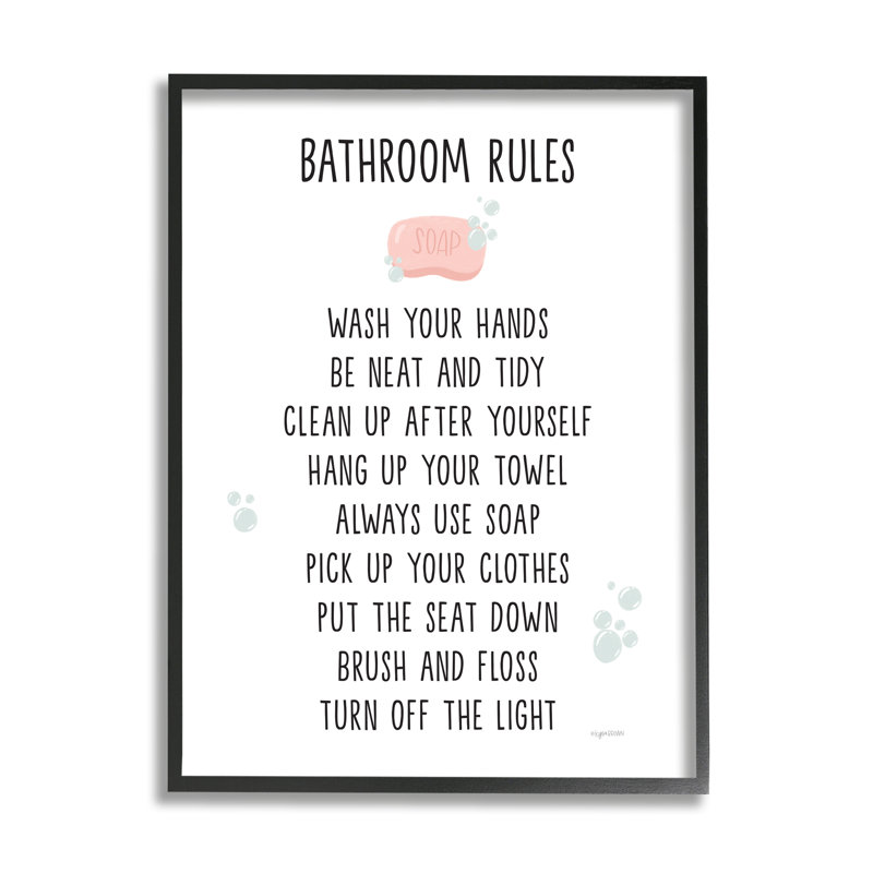 «Bathroom Rules List Soap Bubbles On Wood» par Kyra Brown, impression, Giclée encadrée noir minuit, H 16 po x l 20 po