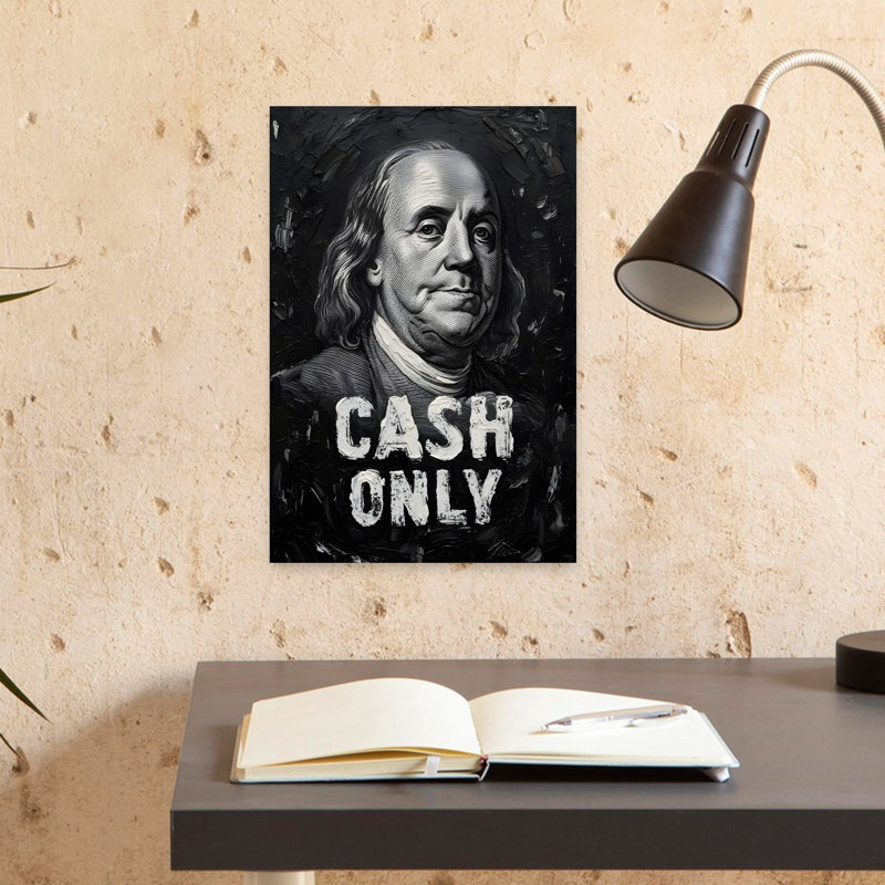 «Cash Only Franklin», art classique abstrait contemporain avec paysage de chat, H 18 po x l 12 po