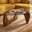 Ensemble de salon de style Mid-Century moderne: canapé modulaire courbé Boucle (jaune, méridienne) + table basse sculpturale en verre avec base en bois-1741947777