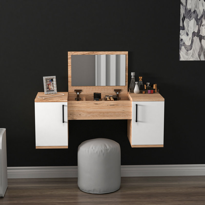 Makeup Vanity Table With Mirror and Storage Wall Mounted Marie, Atlantic Pine/White
