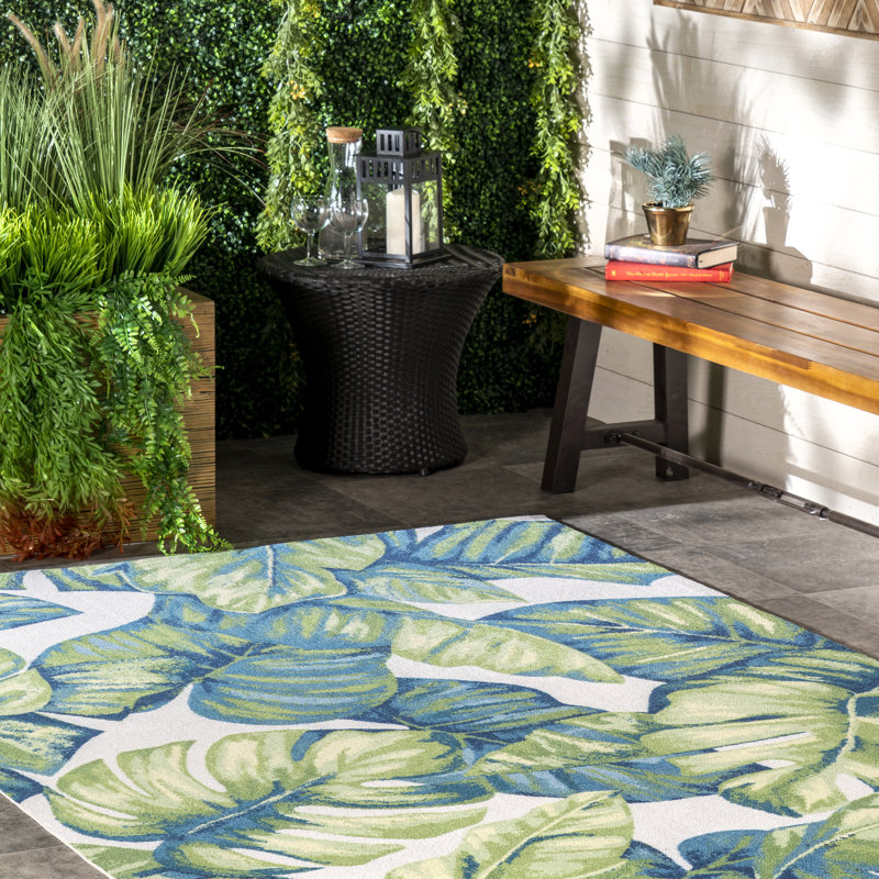 Commer Tropical Leaf Green Indoor/Outdoor Patio Rug, Square 8'