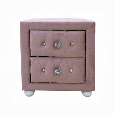 Pink Fabric Upholstered Nightstand With Two Storage Drawers, Wooden Bedroom Furniture