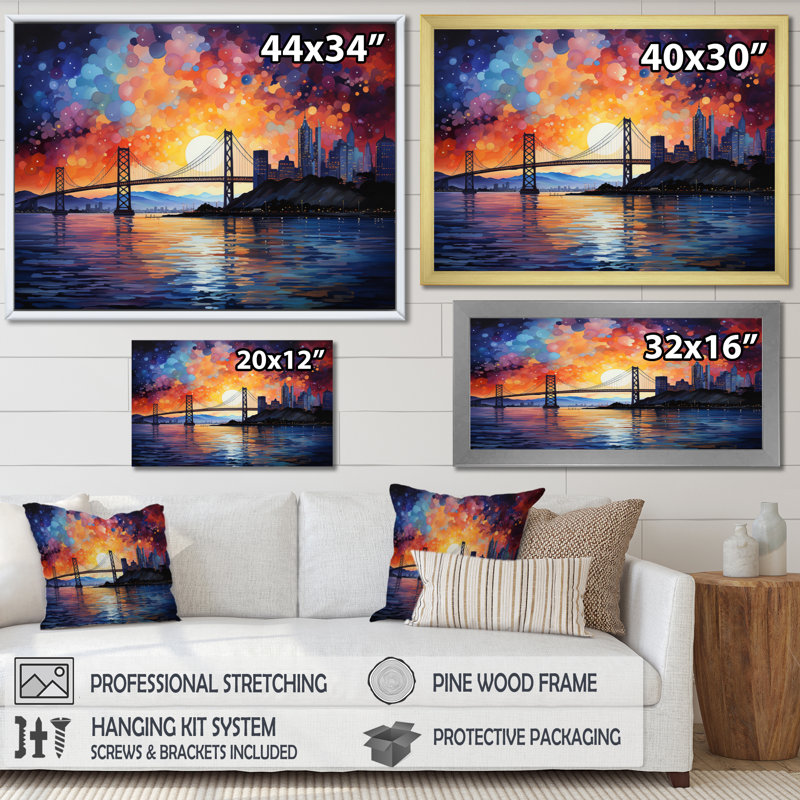Orange Bridge Gateway Pointillism II, reproduction d'art sur toile, H 24 po x l 32 po x P 1 po, Cadre photo noir