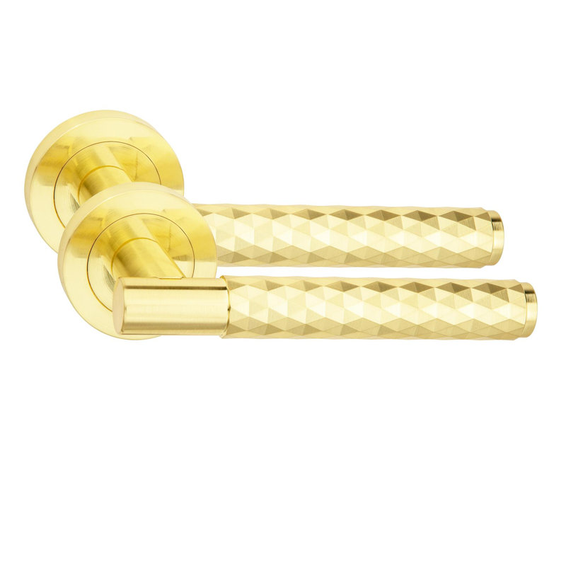 Golden Grace 1 Set Knurled Diamond Cut T-Bar Euro Lock Door Handle Set Satin Brass Finish with Thumbturn Key