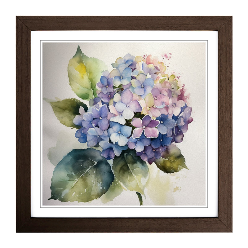Hydrangea Watercolour - Single Picture Frame Print on Wood, Walnut