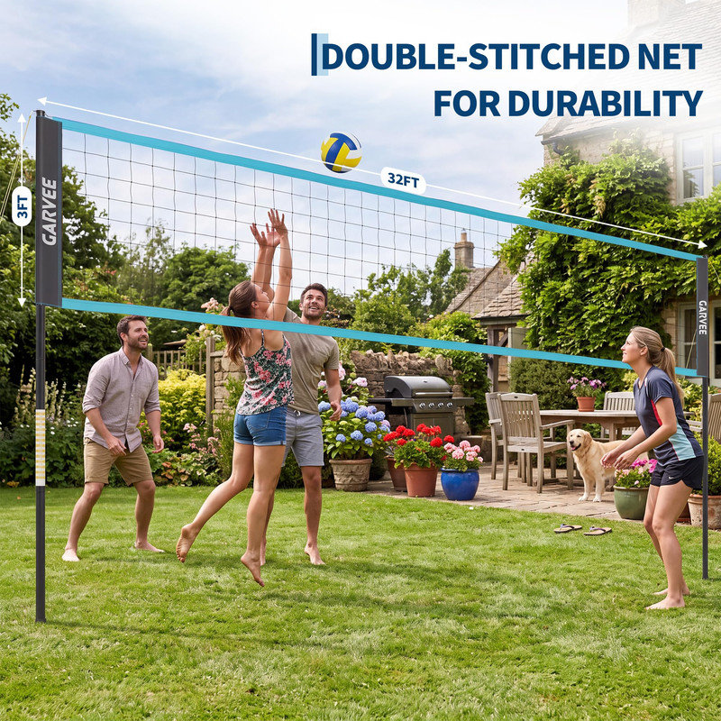 Ensemble de filet de volleyball portatif 32 pi avec hauteurs et poteaux réglables pour parc de plage