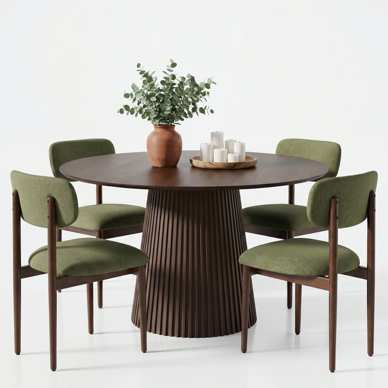 Chynthia 4 -Person Round Dining Table Sets With Upholstered Side Chair, Walnut, Green