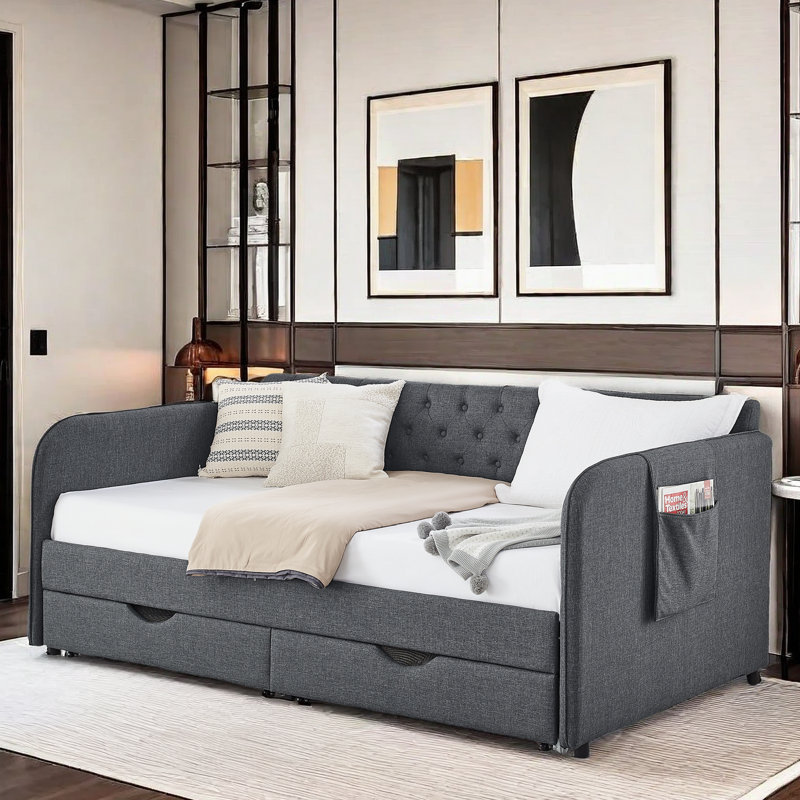 Tanikia Upholstery Daybed with Trundle, Pocket and 2 Drawers, Dark Gray
