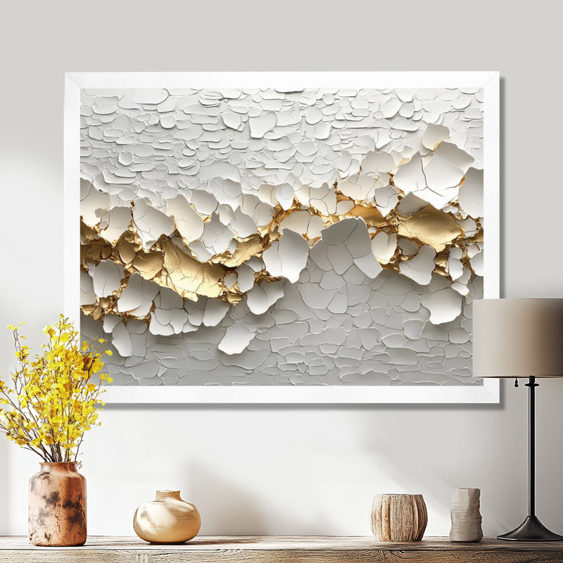 Fleurs blanches et dorées «Wildflowers II» - Décoration murale fleurs sauvages, H 30 po x l 40 po, Avec cadre, Blanc
