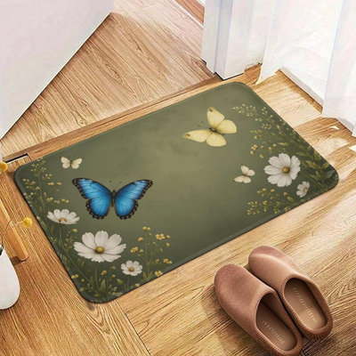 Blue Butterfly Floral Flannel Floor Mat, Non Slip Washable Rug for Kitchen Entryway Home Decor, 20 x 32 in