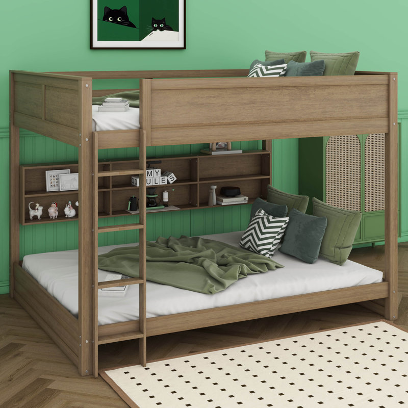 Lit superposé grand en bois avec armoires de rangement et ports USB, Bois antique