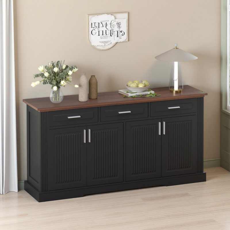 63" Fluted Sideboard Buffet Cabinet With Storage, Modern Coffee Bar Station With 4 Doors And 3 Drawers, Kitchen Storage Console Table For Living Room Dining Room Entryway