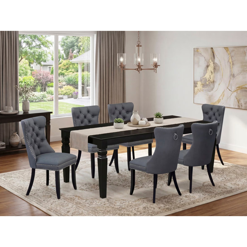 7 Piece Dining Set Includes a Rectangle Kitchen Table with Butterfly Leaf and 6 Polyester Fabric Upholstered Chairs, 42x84 Inch, Black