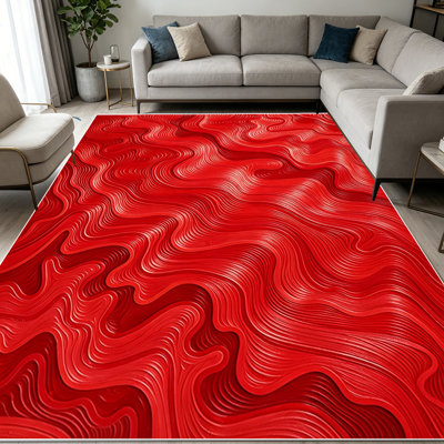 Tapis abstrait texturé ondulé rouge vif de 1 pièce pour le salon, doux et confortable, adapté à toutes les saisons, facile à entretenir, tapis de sol intérieur lavable à la machine, sous la table de ferme convenant à la table à manger, au chevet de la chambre à coucher, au vestibule, à la cuisine