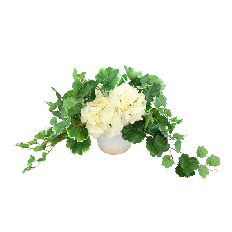Hydrangeas and Ivy in Ceramic Vase